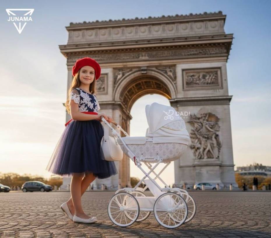 Biały wózek dla lalek Junama Art Deco Mini na tle Łuk Triumfalnego, prowadzony przez starszą dziewczynkę w czerwonym berecie i eleganckiej sukience.